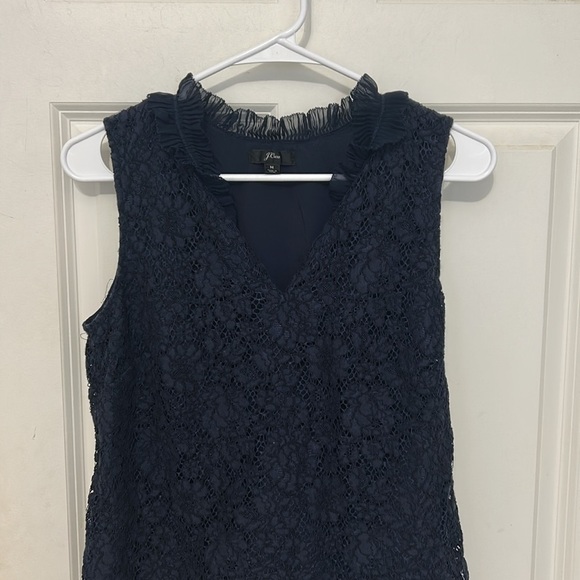 J. Crew Lace Ruffle Neck sleeveless Blouse size medium navy blue top - Picture 3 of 6